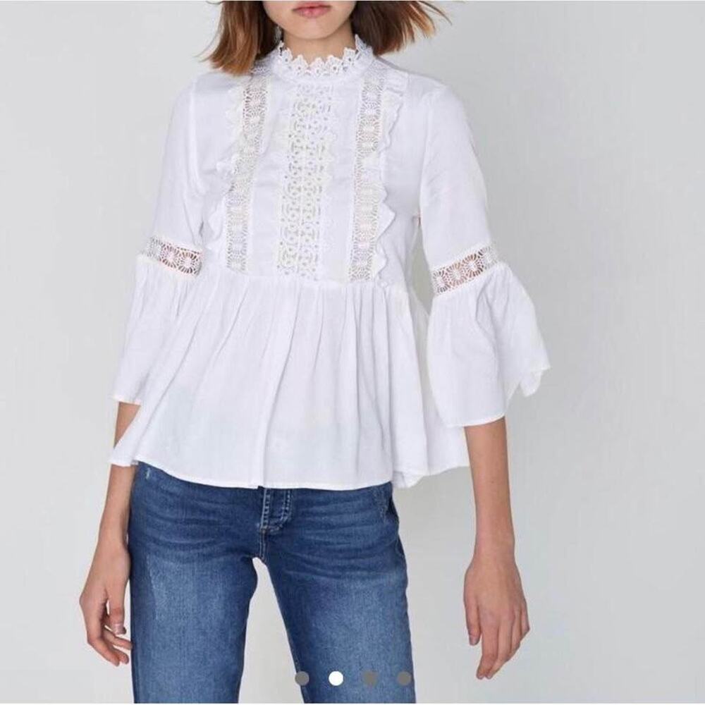 River Island Women’s Size 2 White Ruffle Bell Sleeve Blouse Top